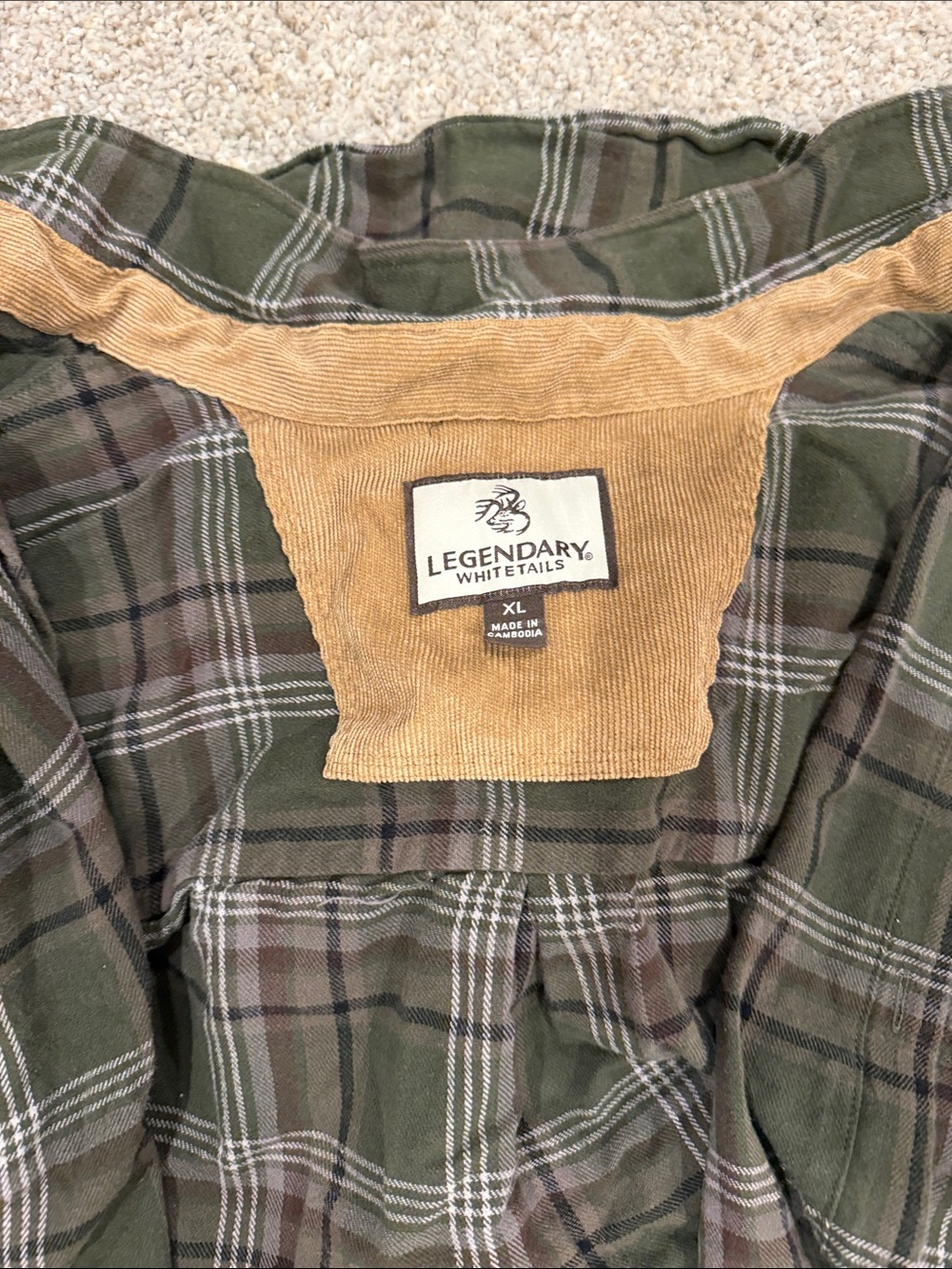 Legendary Whitetails Olive Green Plaid Shirt with Tan Corduroy Collar